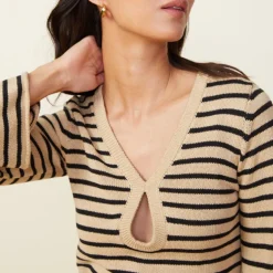 MONROW Linen Sweater Long Sleeve Top ECRU/BLKSTRIPE Fashion